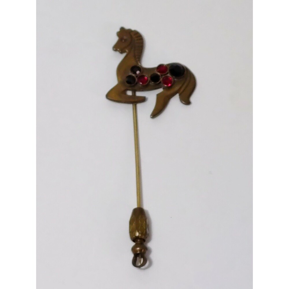 Brass Horse Red And Black Rhinestone Vintage Stick Pin